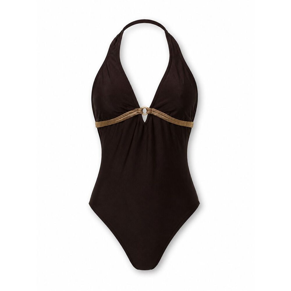 Maxine of Hollywood Brown Halter One Piece Swimsuit Ring Detail Tummy Control Sz